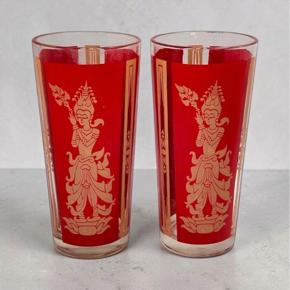 Vintage Culver Mandalay Red Siam Goddess Highball Glasses Set 2 MCM Gold 22k